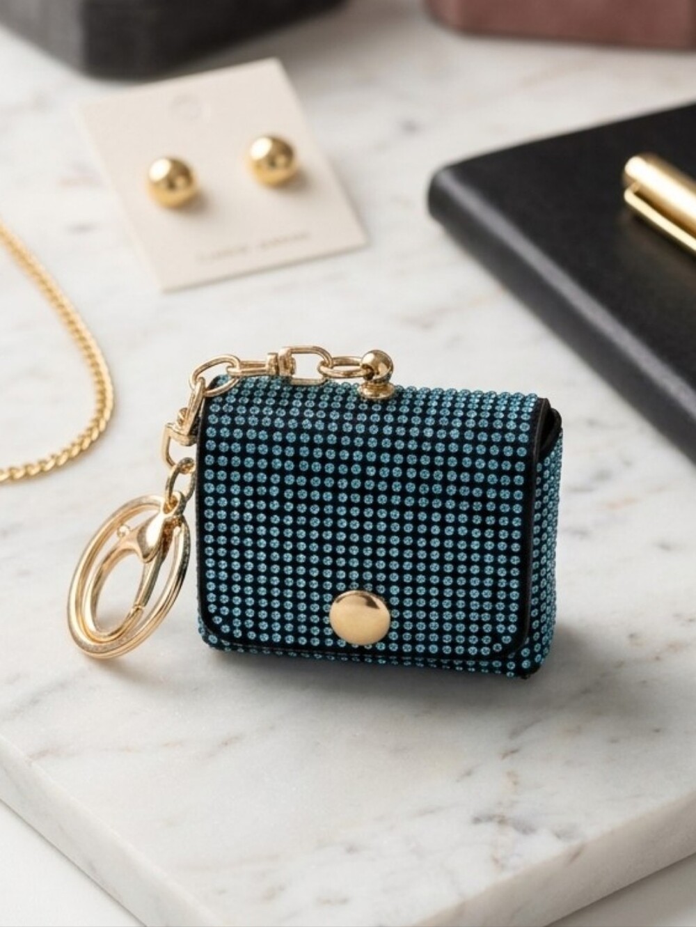 Sparkly Rhinestone Mini Bag Earbud Case & Keychain | Bling Charm Pouch